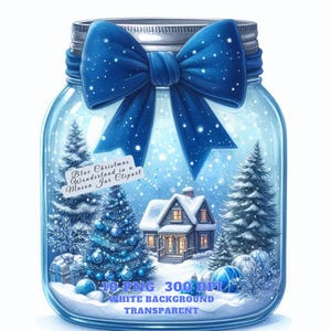 Clipart de un País de las Maravillas Navideño Azul en un Tarro de Cristal: 10 archivos PNG, arte PNG navideño en acuarela para tarjetas, manualidades, álbumes de recortes y revistas basura