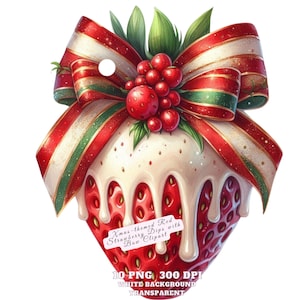 以下が含まれることがあります： 白いチョコレートで覆われたイチゴの上に、赤と緑のクリスマスの弓が置かれています。イチゴは赤く、白いチョコレートのソースがかかっています。画像には「Xmas-themed Red Strawberry Dips with Bow Clipart」というテキストが表示されています。