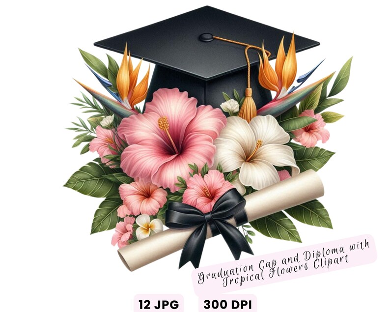 Watercolor Diploma and Cap With Flower Clipart, Graduation Clipart ...