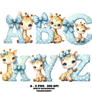 Animal Alphabet PNG, Baby Giraffe Blue Polka Dot Alphabet Clipart A-Z PNG, Watercolor Animal Letters for Baby Shower Decor, Teacher Font PNG