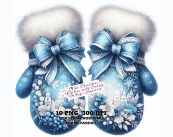 Christmas Mittens Clipart, Snowy Village Christmas Mittens Clipart, Festive Winter Gloves, Digital Download PNG Set for Crafts Decor Journal