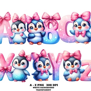 Watercolor Animal Alphabet Clipart, Cute Penguin Alphabet Clipart, Cute Animal Letters A-Z PNG, Alphabet Letters Clipart Set, Commercial Use