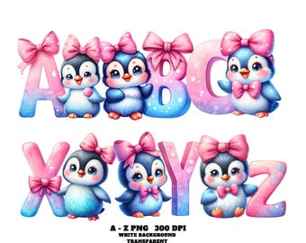 Clipart Alphabet animaux aquarelle, clipart Alphabet pingouin mignon, animaux mignons lettres de A à Z PNG, ensemble de cliparts lettres de l'alphabet, usage Commercial