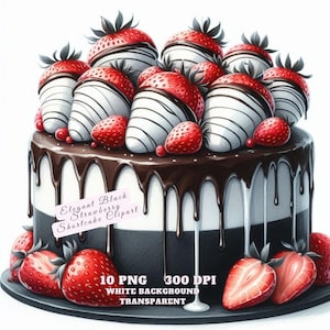 Élégant clipart sablé aux fraises noir avec gouttes, dessert PNG, Illustration de gâteau aux baies, clipart de gâteau, gâterie sucrée PNG, usage Commercial