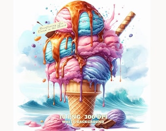 Summer Ice Cream Clipart PNG, Cute Tropical Dessert PNG, Beach Theme, Overflowing Sundae, Digital Download, Stickers, Sublimation, Graphics