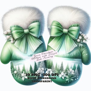 Luvas de Natal Verdes com Cenário de Lago Congelado Clipart, Luvas Festivas de Inverno PNG, Download Digital, Arte de Natal Aconchegante, Uso Comercial