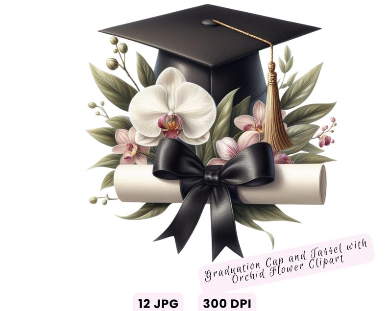 Watercolor Diploma and Cap With Flower Clipart, Graduation Clipart ...