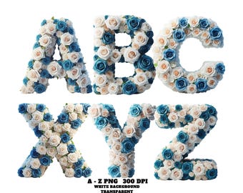 Floral Alphabet Clipart, Blue and White Rose Alphabet Clipart A–Z, Elegant Floral Letters PNG, Wedding Monogram Font, Flower Rose Font PNG