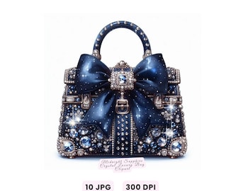 Elegant Luxury Handbag Clipart, 10 Midnight Sapphire Crystal Luxury Bag Clipart, High-Fashion Luxury Bag Clipart Digital Download for Crafts
