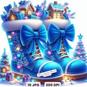水彩ネオンブルーのサンタブーツのクリップアート：クリスマスの風景（JPGデジタルダウンロード、商用利用可）