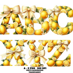 Lemon Alphabet Clipart, Watercolor Citrus Letters PNG, Yellow Summer Fruit Alphabet, Citrus Lemon Alphabet Clipart A–Z PNG, for Crafts Decor