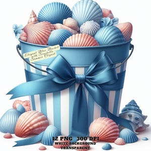 Paquete de imágenes prediseñadas de conchas marinas en un cubo azul, 12 PNG de alta calidad, arte marino de verano, manualidades, diario, material para álbumes de recortes, descarga digital PNG
