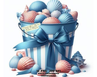 Sommer Clipart, Muscheln im blauen Eimer Clipart Bundle, Sommer Sea Art, Marine Ozean-Themen-Digital-Download PNG für Handwerk, Dekor, Journal