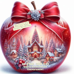 Clipart de maçã vermelha de Natal em aquarela, Maçã festiva de férias PNG, Arte aconchegante do país das maravilhas do inverno, Gráficos de diário de lixo, Sublimação de Natal
