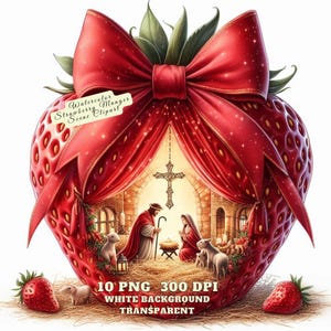 Aquarelle fraise crèche scène Clipart, Art de la crèche de Noël, Illustration de crèche de vacances, fête de la ferme Clipart Noël Clipart