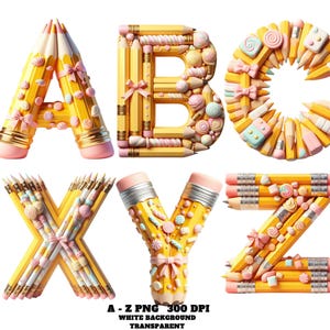 Imágenes prediseñadas del alfabeto, alfabeto de lápiz de caramelo PNG, letras de fuente de lápiz dulce, imágenes prediseñadas de letras escolares, descarga digital estética de regreso a clases de la A a la Z