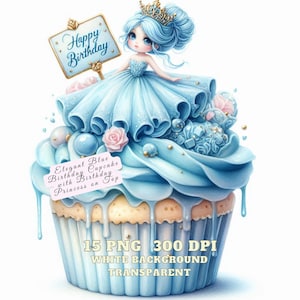Clipart di cupcake di compleanno, elegante cupcake di compleanno blu con principessa del compleanno in cima, 15 PNG di ragazza acquerello di alta qualità, uso commerciale
