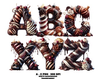 Alfabeto PNG, letras A-Z de helado de chocolate y cereza, fuente de postre dulce derretido, letras de caramelo brillante, lindo alfabeto 3D marrón y rojo