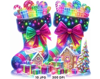 Christmas Stockings Clipart, Rainbow Christmas Stockings Clipart, Watercolor Holiday JPG Festive Digital Download Xmas Scrapbooking Graphics