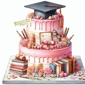 Akwarela Różowy Graduation Cake Clipart PNG, Klasa 2025, Elegancka Czapka, Dyplom, Dekoracja Imprezy, Pobieranie Cyfrowe, Naklejka Graficzna Sublimacji