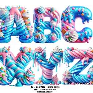 Alfabeto PNG: Letras de helado de chicle (A-Z), fuente dulce derretida, alfabeto kawaii 3D, letras de postre rosa y azul brillante PNG