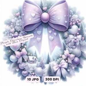 Purple Christmas Wreath Clipart with Bow, Holiday Wreath PNG JPG, Winter Purple Wreath with Xmas Scene Center, Digital Download Cards, Craft