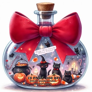 Peut inclure: Une bouteille en verre avec un nœud rouge et un bouchon en liège. La bouteille est remplie d'un liquide violet et contient divers objets sur le thème d'Halloween, notamment des chats noirs, du maïs sucré et un chaudron. Le texte "Ruby Red Spooky Potion Clipart" est écrit sur une étiquette attachée à la bouteille. L'image est étiquetée "10 PNG 300 DPI FOND BLANC TRANSPARENT".