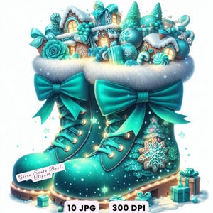サンタクロースのクリップアート、クリスマスのクリップアート、ネオンティールのサンタブーツのクリップアート、水彩画のクリスマスシーンのデジタルダウンロード、商用利用可能なJPG装飾