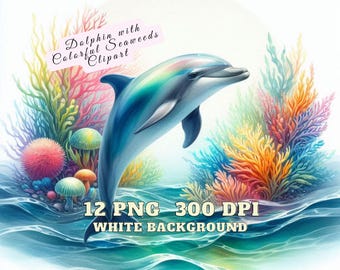 Imágenes prediseñadas de delfines, delfín nadando en acuarela con algas de colores vibrantes, imágenes prediseñadas de delfín bebé, paquete de imágenes prediseñadas de animales marinos, Sear Life PNG