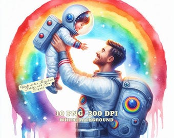 Watercolor Rainbow Father and Son Clipart, Rainbow Astronaut Dad and Son Clipart, Happy Fathers Day Images, Dad & Boy PNG For Commercial Use