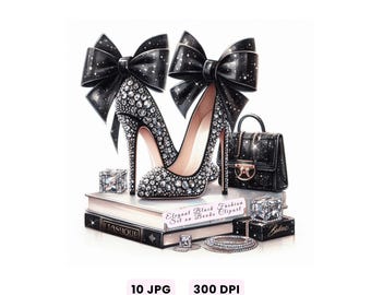 Elegant Black Fashion Set on Books Clipart, Luxury Heels and Designer Bag, Chic Watercolor Fashion Illustration, Stylish JPG Download Crafts