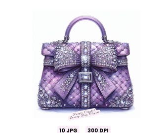 Luxury Bag Clipart, Glam Designer Handbag Illustration, Sparkling Gemstone Purse JPG, Watercolor Purple Crystal Luxury Fashion Bag Clipart
