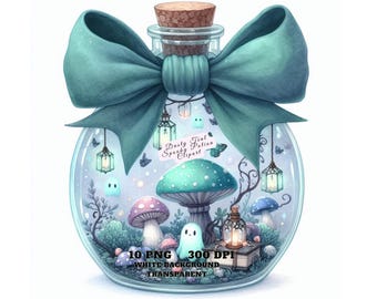 Dusty Teal Spooky Potion Glass Jar Clipart with Elegant Bow, Halloween Bottle PNG, Witchy Potion Illustration Cute Spooky Art Commercial Use