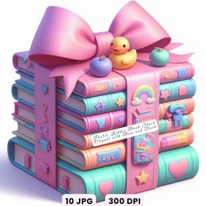 Livre clip art PNG, livre avec noeud JPG, pile de livre pastel Kiddie avec noeud et canard, clipart aquarelle mignon rentrée pour déco de salle de classe