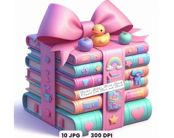 Book Clip Art PNG, Book with Bow JPG, Pastel Kiddie Book Stack with Bow and Duck, Cute Back-to-School Watercolor Clipart for Classroom Decor