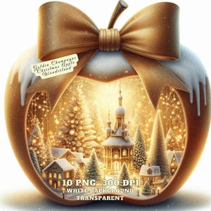 Clipart de maçã de Natal de champanhe dourado aquarela, maçã festiva de feriado PNG, PNG de país das maravilhas de inverno elegante, diário de lixo, decoração de Natal