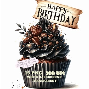Elegant Black Birthday Cupcake Clipart, Watercolor Black Birthday Clipart, 15 High Quality PNG, Happy Birthday Clipart Bundle Commercial Use