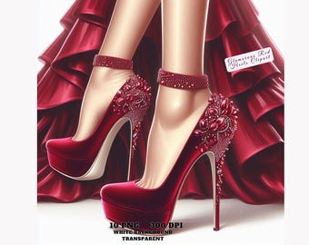 Puede incluir: Un par de zapatos de tacón alto rojos con adornos de joyas. Los zapatos son de terciopelo y tienen una punta puntiaguda. Los tacones son muy altos y delgados. Los zapatos están sobre un fondo de tela roja.