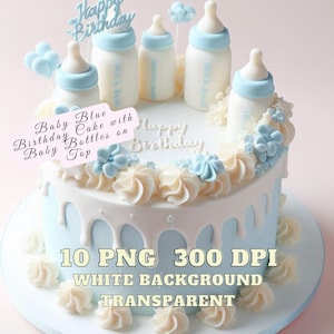 Blue Birthday Cake Clipart, Baby Blue Birthday Cake with Baby Bottles on Top, Adorable Baby-themed Birthday Cake Illustration, Blue Cake PNG