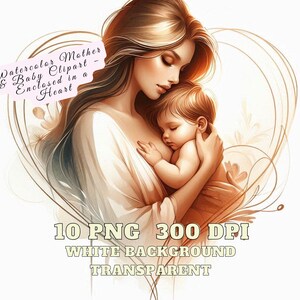 Aquarel moeder en baby clipart – ingesloten in een hart, 12 bundels moeder en kind aquarel clipart, moeder en kind moederdag clipart
