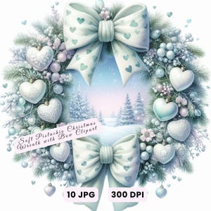 Clipart de corona navideña con lazo en pistacho suave, corona invernal con escena navideña en formato JPG, clip art navideño en verde pastel para tarjetas y diarios basura.