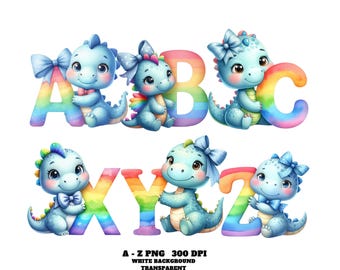 May include: A collection of watercolor illustrations featuring adorable blue dinosaurs holding rainbow-colored letters of the alphabet. Each dinosaur has a bow and sits with a letter, creating a whimsical and colorful design.