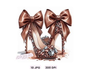 Imágenes prediseñadas de tacones de aguja, tacones altos, bonitos tacones altos de cristal en tonos tierra, zapatos de diseñador de lujo con lazo (JPG).