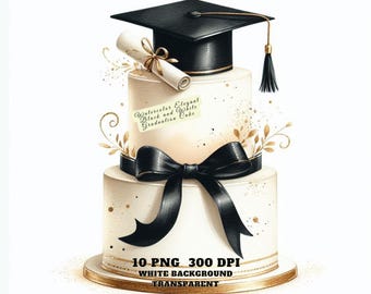 Aquarel elegante zwart-wit afstudeertaart clipart png, klasse van 2025, pet, diploma, feestdecor, digitale download, commercieel gebruik