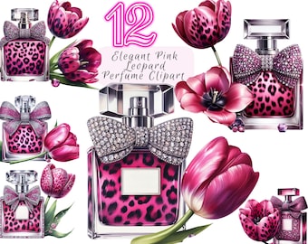 Parfum Clipart, Elegant Pink Leopard Perfume Clipart, Luxury Crystal Bottle with Couture Bow High Fashion Watercolor Illustration for Crafts