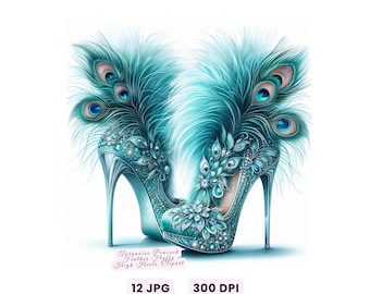 High Heels Clipart, Luxury Fashion Stiletto JPG, Turquoise Peacock Feather Fluffy High Heels Clipart, Watercolor Animal Print High Heels JPG