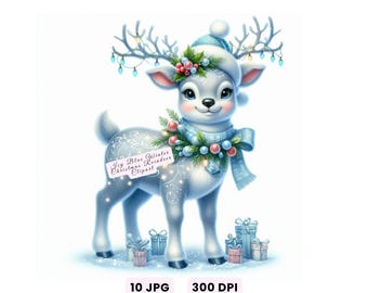 Clipart de reno navideño, clipart de reno navideño azul hielo, JPG de animales de invierno, ilustración festiva de reno, decoración navideña, manualidades