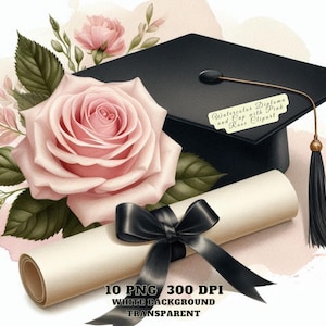 Aquarell Diplom und Mütze mit rosa Rose Clipart, Graduierung Clipart, Klasse von 2025, digitaler Download, Sublimation, Aufkleber, kommerzielle Nutzung