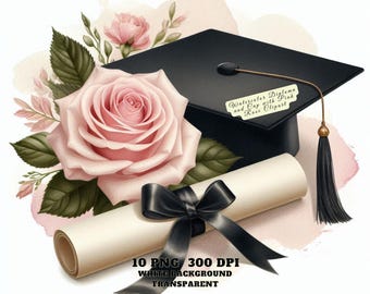 Watercolor Diploma and Cap with Pink Rose Clipart, Graduation Clipart, Class of 2025, Digital Download, Sublimation, Sticker, Commercial Use