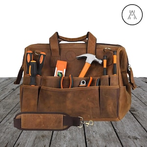 Leder-Werkzeugtasche Weithals-Werkzeug-Aufbewahrungstasche für Handwerkzeuge 16-Zoll-Werkzeug-Einkaufstasche, handgefertigte Tasche für Männer